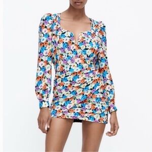 Zara Floral Print V-Neck Ruched Side Mini Dress Women Size Small Multi Color